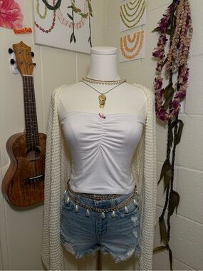 White Ruched Strapless Top with Long Sleeve Knit Shrug - Brand: